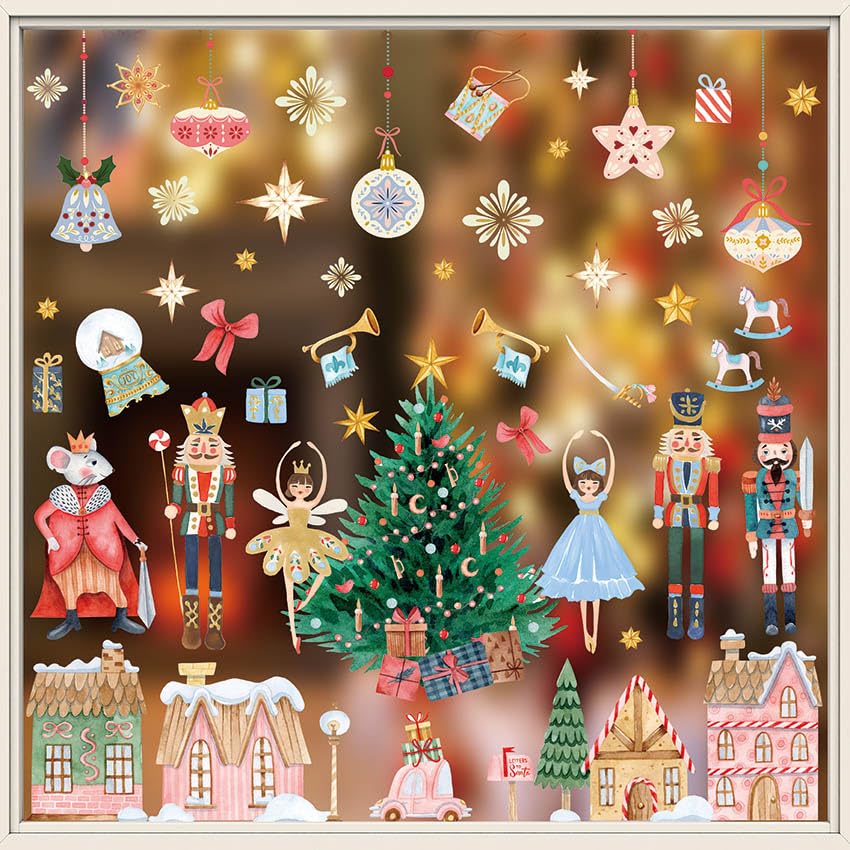 AIBIIN Christmas Window Stickers Cartoon Nutcracker Pink Christmas Window Clings for Home Party Decorations Double Sides Reusable Window Decals 8 Sheets