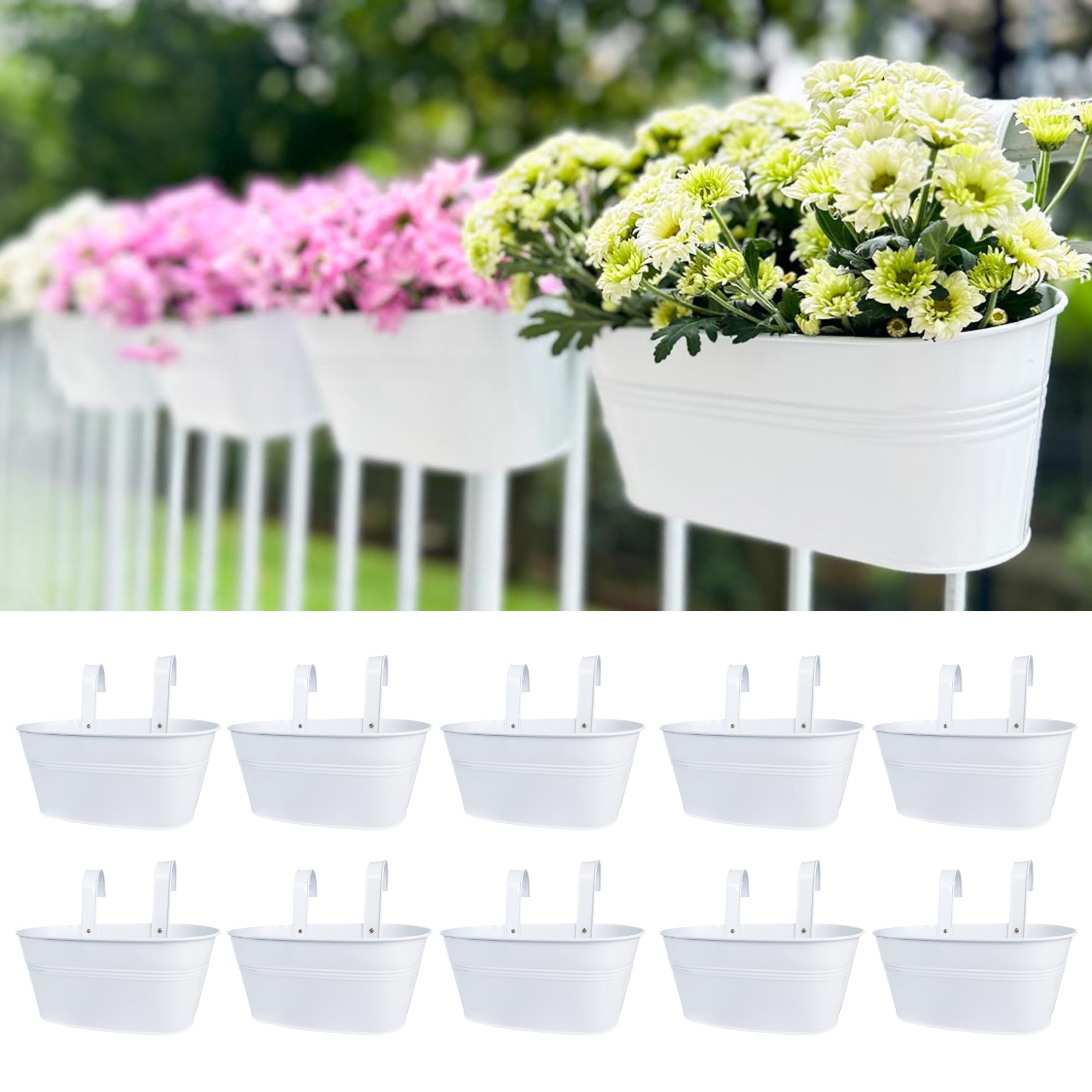 Photo 1 of LaLaGreen Outdoor Rail Planter (10 Pack, 9.8 Inch) Small and Cute White Metal Iron Hanging Flower Pot Deck Railings Fence Buckets Countryside Style Wall Mount Window Box Plant Holder Hooks Porch Decor