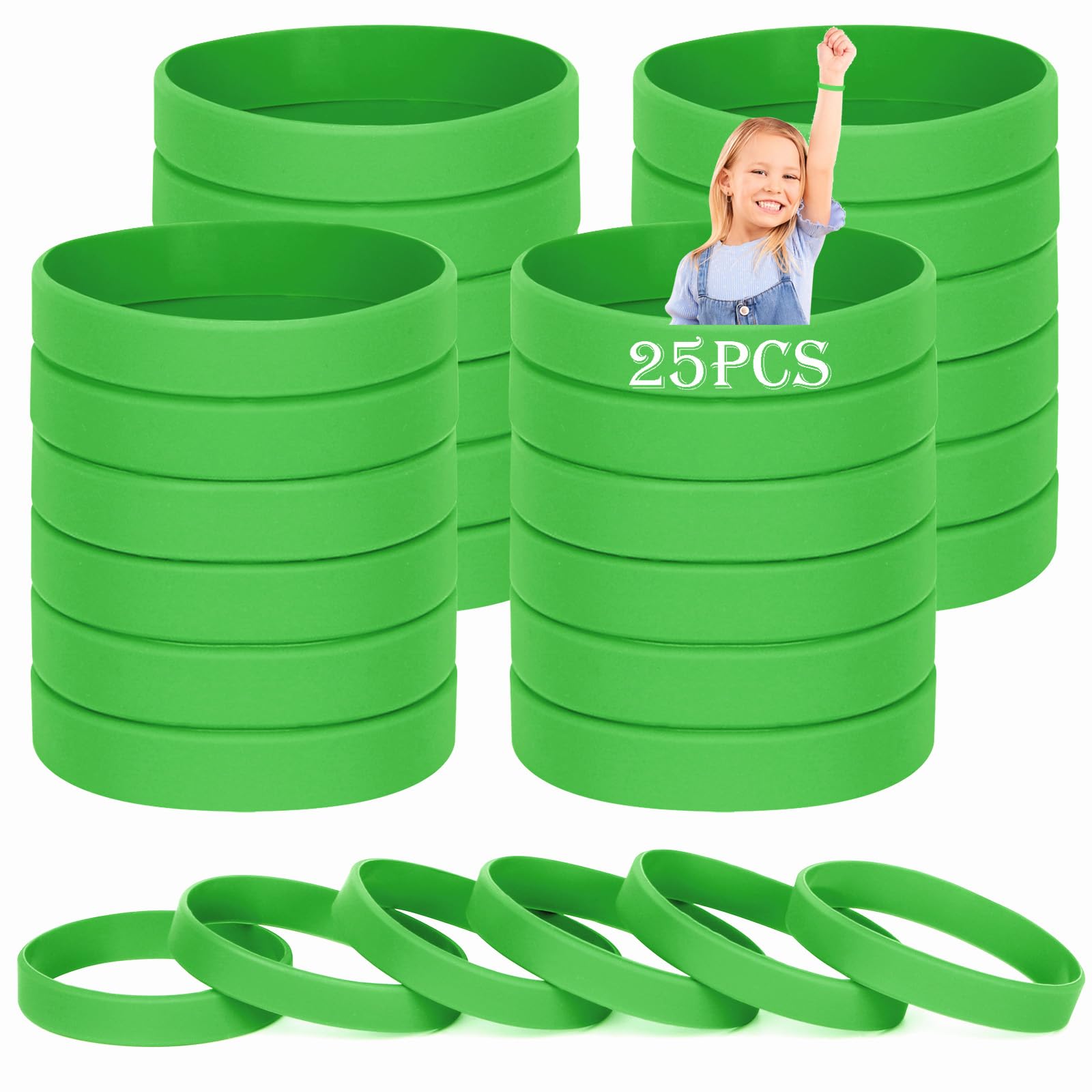 HONTIUS Kids Silicone Wristbands, 25PCS Kids Green Rubber Wristbands Blank Wrist Bands Universal Wristband Set for Kids Child Children Kindergarden Team Sport（Suitable for 3-7aged）