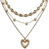 Layered Necklace for Women 18K Gold Plated Cubic Zirconia butterfly|heart Pendant Chunky Necklace Stack for Women Cuban Link，Peal Choker Chain，flat mariner chain，Gold Jewelry Set Gifts for Women