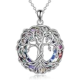 POPLYKE Tree of Life Necklace for Women Sterling Silver Celtic Knot Family Tree With Blue/Purple/Volcano Crystal Irish Gifts for Mom Wife Birthday Christmas