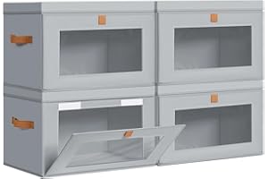 DIMJ Storage Bins with Lids - 4 Pack Large Fabric Closet Organizer with Window & Handles, Collapsible Decorative Storage Boxes for Shelves Under Bed, Books Clothes Blankets Sweaters Organization