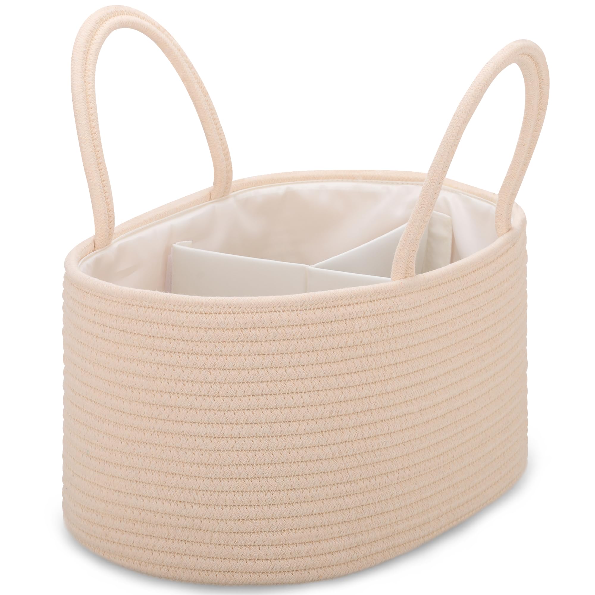 COMSE Large Nappy Caddy Organizer for Girl Boy, Baby Car Diaper Caddy with Handles, Cotton Rope Diaper Basket, Baby Shower Gifts Newborn Essentials Registry Must Have, Beige