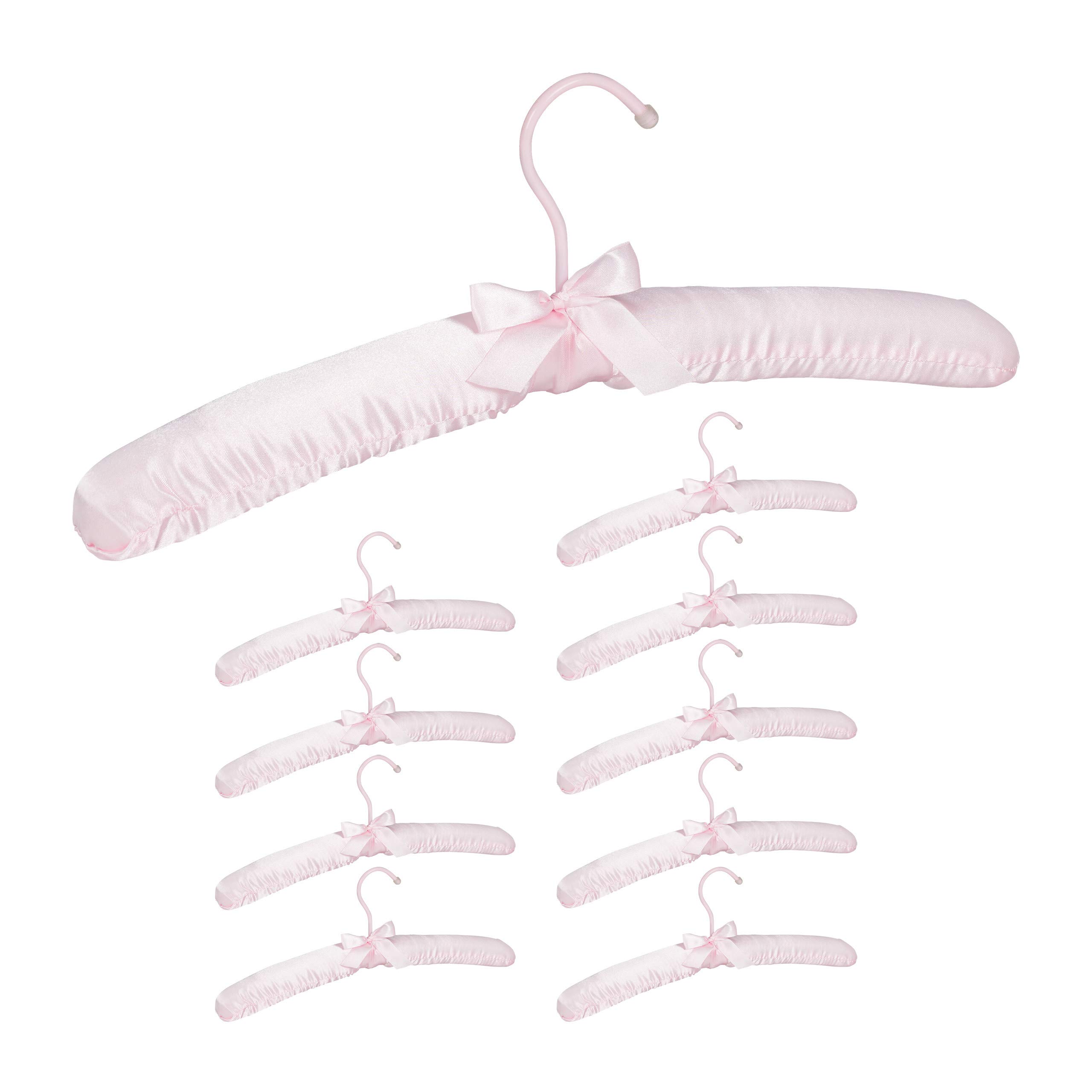 Relaxdays Satin Clothes Hanger Set of 10, Soft Padding, 360° Swivel Hooks, Decorative Bow, 38 cm Wide, Pink, Wood, Pack of 10