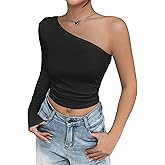Floerns Women's One Shoulder Long Sleeve Ruched Side Crop Tops Tee Shirt