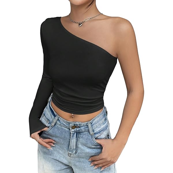Floerns Women's One Shoulder Long Sleeve Crop Top - Rhinestone Party Tee Shirt - View #4