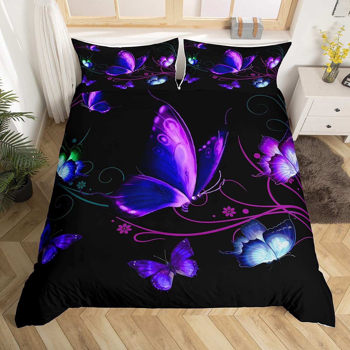Butterfly Duvet Cover Girly Purple Blue Butterflies Bedding Set 3D Animal Theme Comforter Cover for Boys Girls Kids Teens Colorful Glitter Bedding & Linen King With 2 Pillow Case — image 1