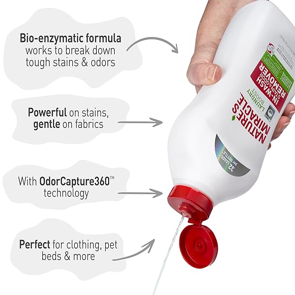 NATURE’S MIRACLE LAUNDRY BOOST IN-WASH STAIN AND ODOR REMOVER, 32 OUNCES, LAUNDRY STAIN AND ODOR REMOVING ADDITIVE FOR ALL MACHINES