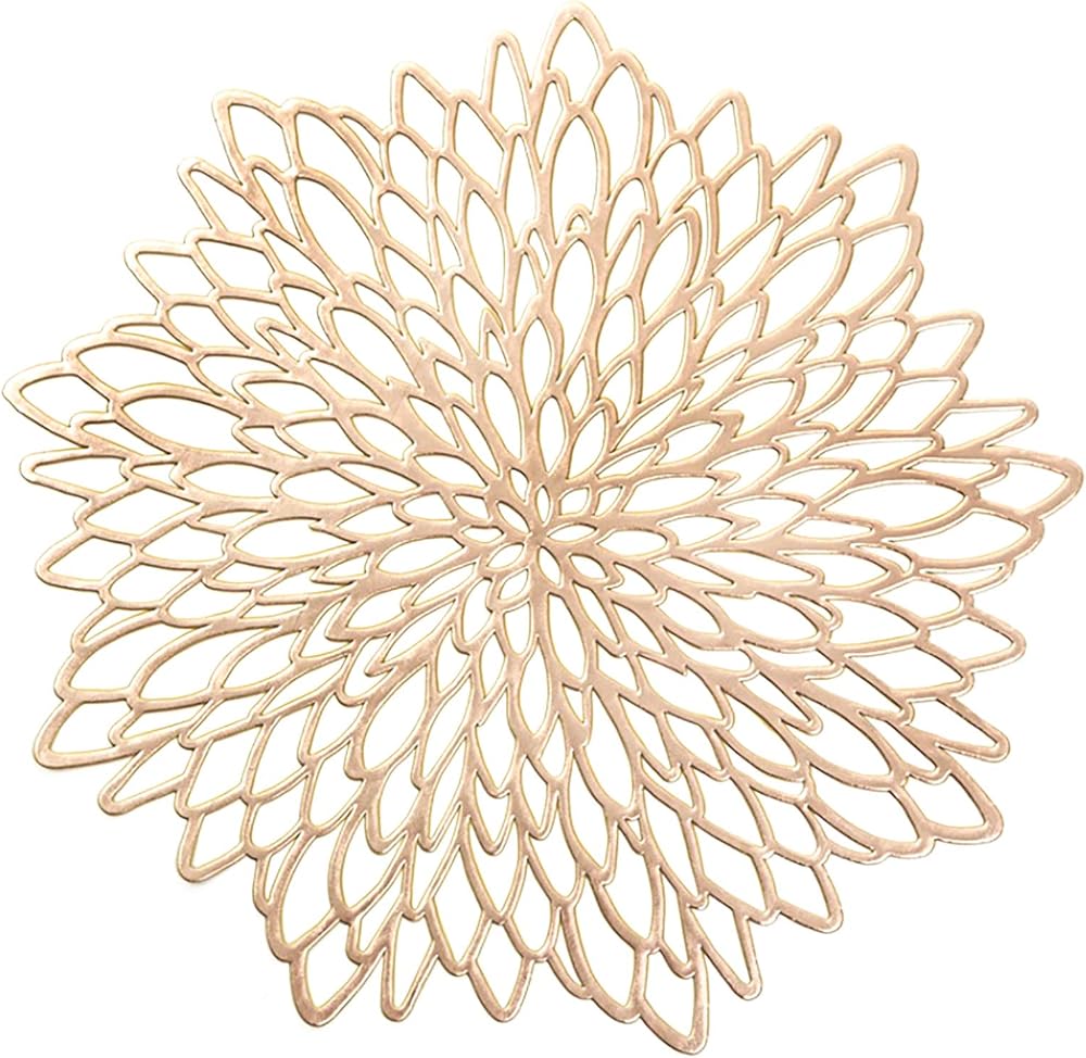 HEYOMART PVC Round Leaf Placemats Set of 6 Gold Heat Resistant Washable