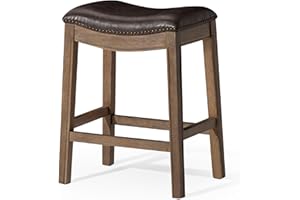 Maven Lane Adrien Backless Counter Stool – 26 Inches – Saddle Stool with Footrest – Brown Solid Wood Frame & Beige Faux Leather Upholstery – Perfect for Kitchen Islands & Counters