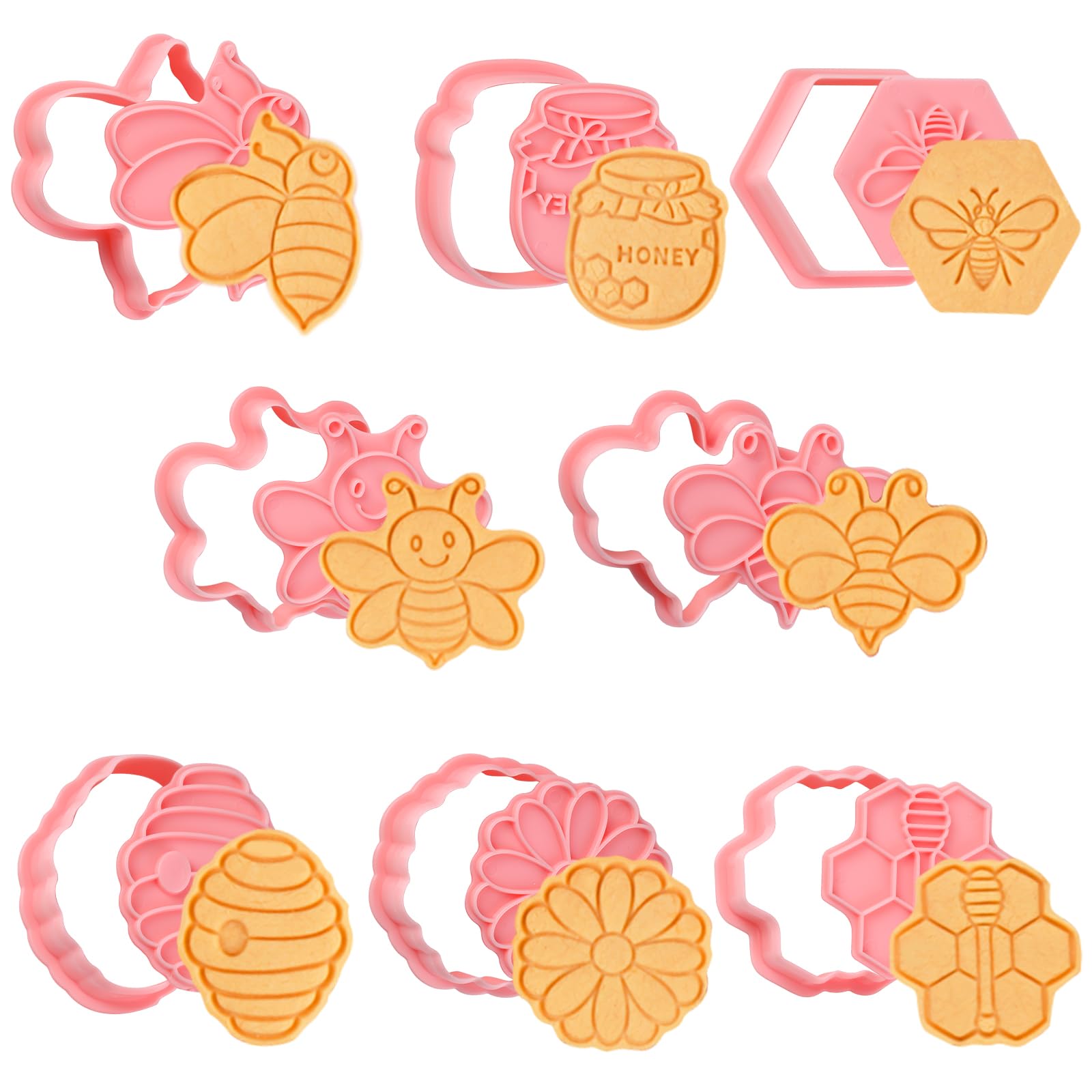 Bigqin 8PCS Honeybee Cookie Cutters Set 3D Cookie Mold Plastic Cookie Stampers with Cute Cartoon Shapes for Biscuit Fondant Snacks Cheese Baking