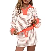 aswulk Womens Striped 2 Piece Outfits Long Sleeve Sweatshirt Skirt Sets V Neck Lounge Sets
