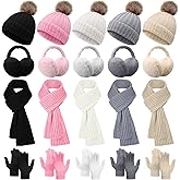 JaGely 20 Pcs Kids Knit Winter Hat Gloves Scarf Set with Plush Earmuffs Warm Kids Pom Beanie Hat Snow Gloves Neck Scarves Unisex Cold Weather Cap Full Fingers Knitted Ski Mittens for Boys Girls Gift