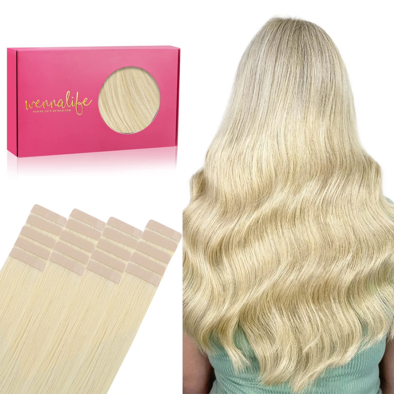WENNALIFE Tape in Hair Extensions 20pcs 50g 14 inch Bleach Blonde Remy Human Hair — image 1