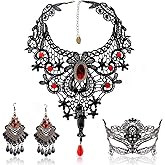 BagTu Black Lace Necklace and Earrings Set, Gothic Lolita Red Pendant Choker for a Halloween Costume and Wedding