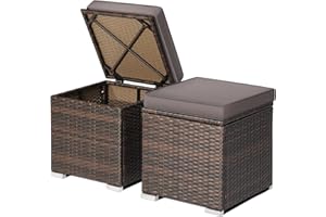 DORTALA 2 Pieces Patio Wicker Ottomans, Outdoor PE Rattan Side Table with Storage Cabinet, Cushions, Foot Rest for Couch, Chair, Grey