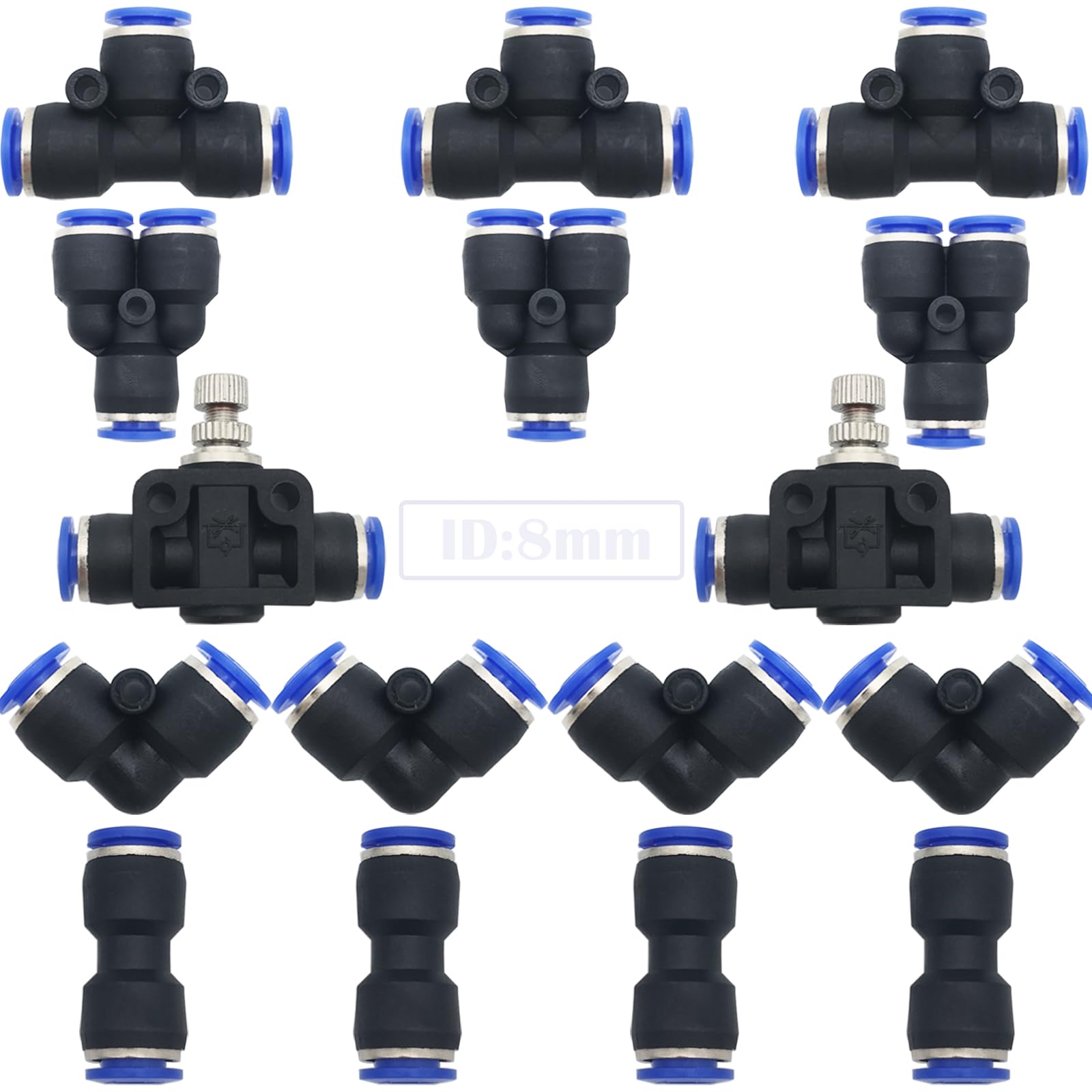 Pneumatic Fittings, CESFONJER 16 Pcs Air Push Quick Fittings Kit, Quick Release Air Hose Connector,for 8 mm PU/PE/Nylon Tube Pipe (Y+T+L+I Type +Pipe Throttle Valve Combo)