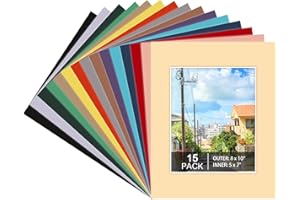 Prudiut 15 Pack 8x10 Picture Mats, Mixed Colors Frame Mattes for 5x7 Pictures Photo Frame Mat Core Bevel Cut Mat Board Show Kit for Photos, Prints, Artworks