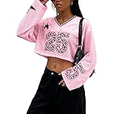Jersey Shirts for Women Y2K Graphic Number Tees Cropped V Neck Long Sleeve Streetwear Women Football Crop Tops