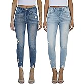 Women's Mid Waisted Jeans Trendy Distressed Stretch Ripped Butt Lift Denim Pants (Pack of 2)