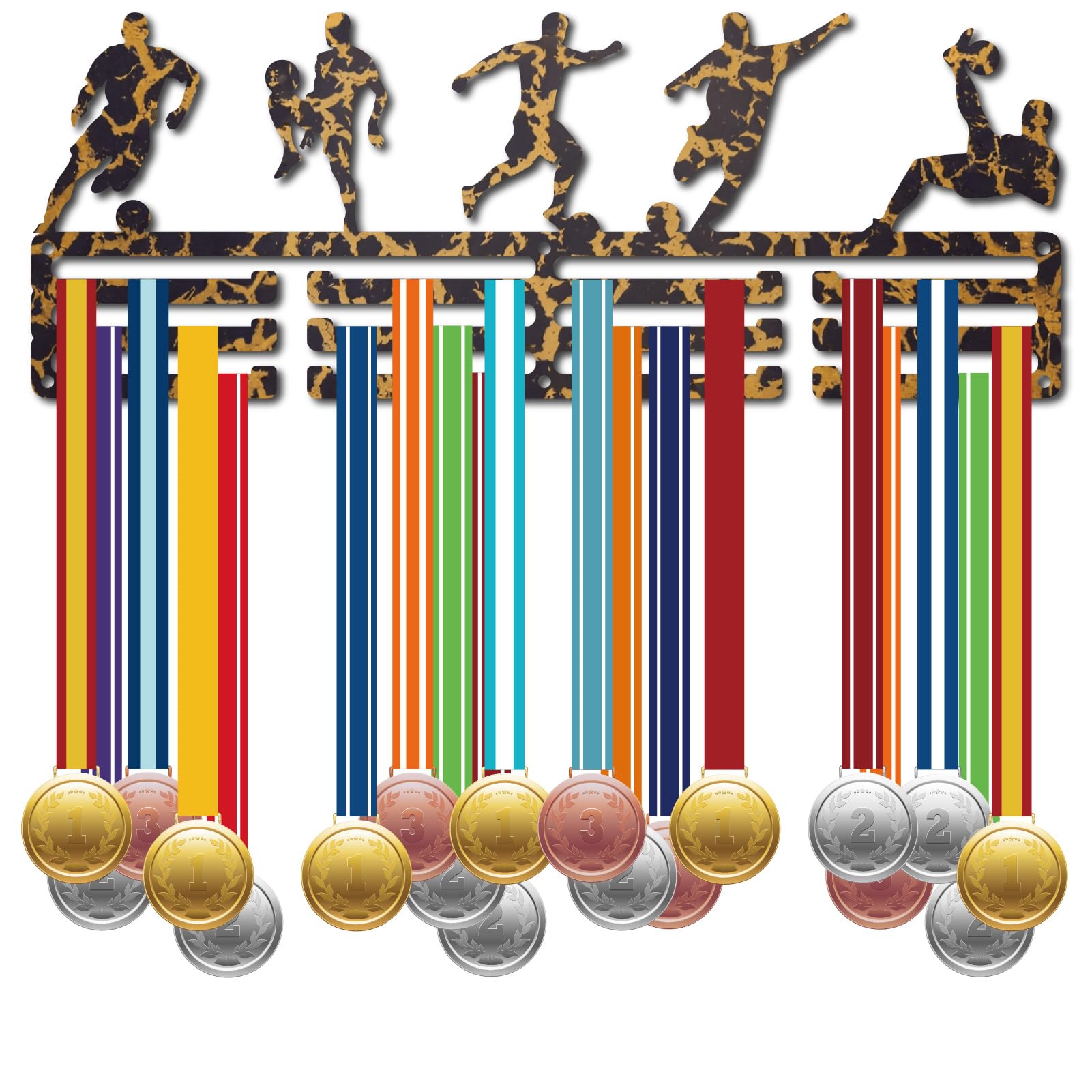 CREATCABIN Football Medals Holder Hangers Medal Display Rack Organizer Metal Soccer Medal Shelf Frame Ribbon Display Hanger Fission Pattern Medal Wall Mounted with 12 Hook for Race Athlete 15.7x6Inch