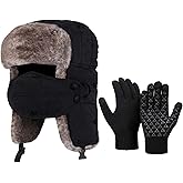 SATINIOR 2 Pcs Winter Trapper Hat and Gloves for Men Warm Ushanka Hat with Ear Flaps Mask Hunting Fuzzy Cap Touchscreen Glove