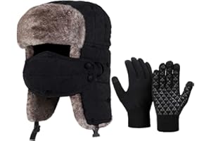 SATINIOR 2 Pcs Winter Trapper Hat and Gloves for Men Warm Ushanka Hat with Ear Flaps Mask Hunting Fuzzy Cap Touchscreen Glove