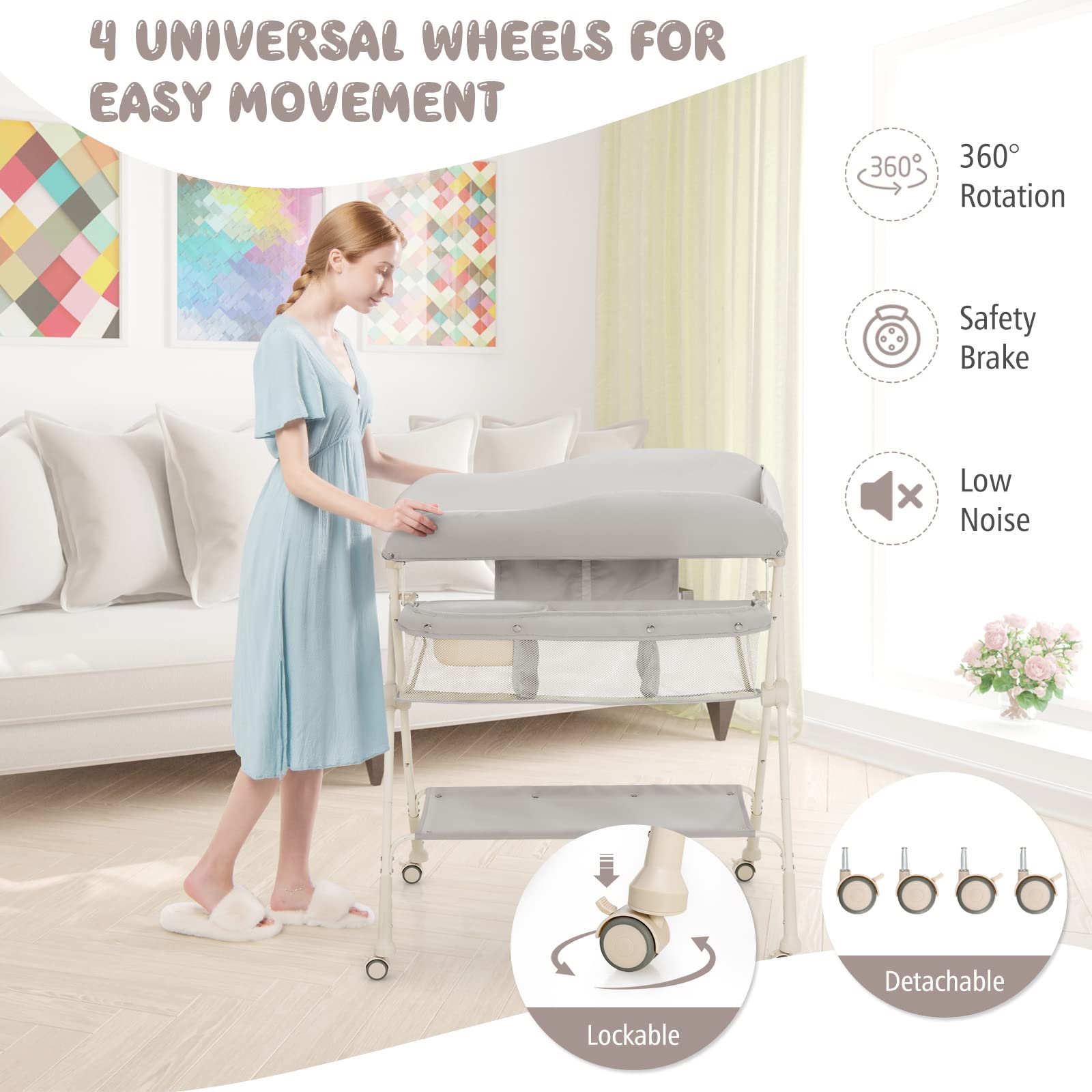 BABY JOY Portable Baby Changing Table, Foldable Diaper Changing Station w/Wheels, Adjustable Height, Large Storage Rack, Water Basin, Safety Belt, Mobile Nursery Organizer for Newborn Infant (Gray)