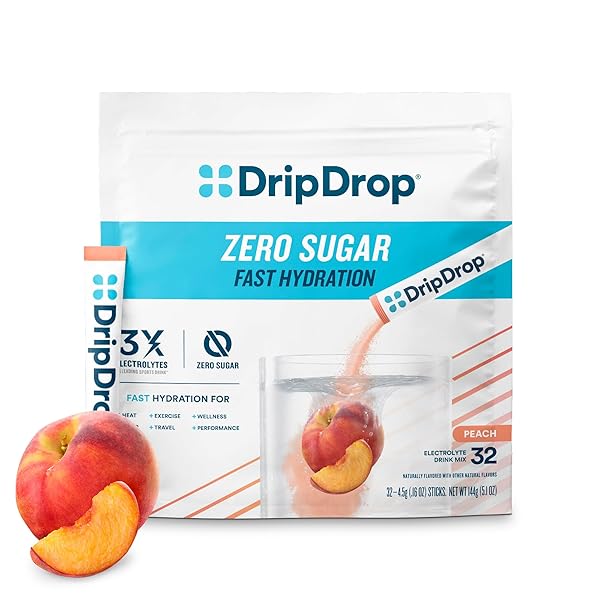 DRIPDROP SUGAR FREE HYDRATION PACKETS – ZERO PEACH – SINGLE SERVE ELECTROLYTES POWDER DRINK MIX – NON-GMO, GLUTEN FREE, VEGAN – 32 STICKS