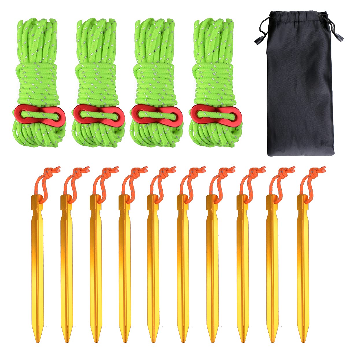 Azarxis Tent Guy Rope 4mm Reflective Guy Line 4m / 13ft Tarp Guide Rope with Aluminum Tensioner Cord Adjuster for Camping Awning Packing Tying Down (Fluorescent Green - 4 Pack + Tent Peg - 10 Pack)