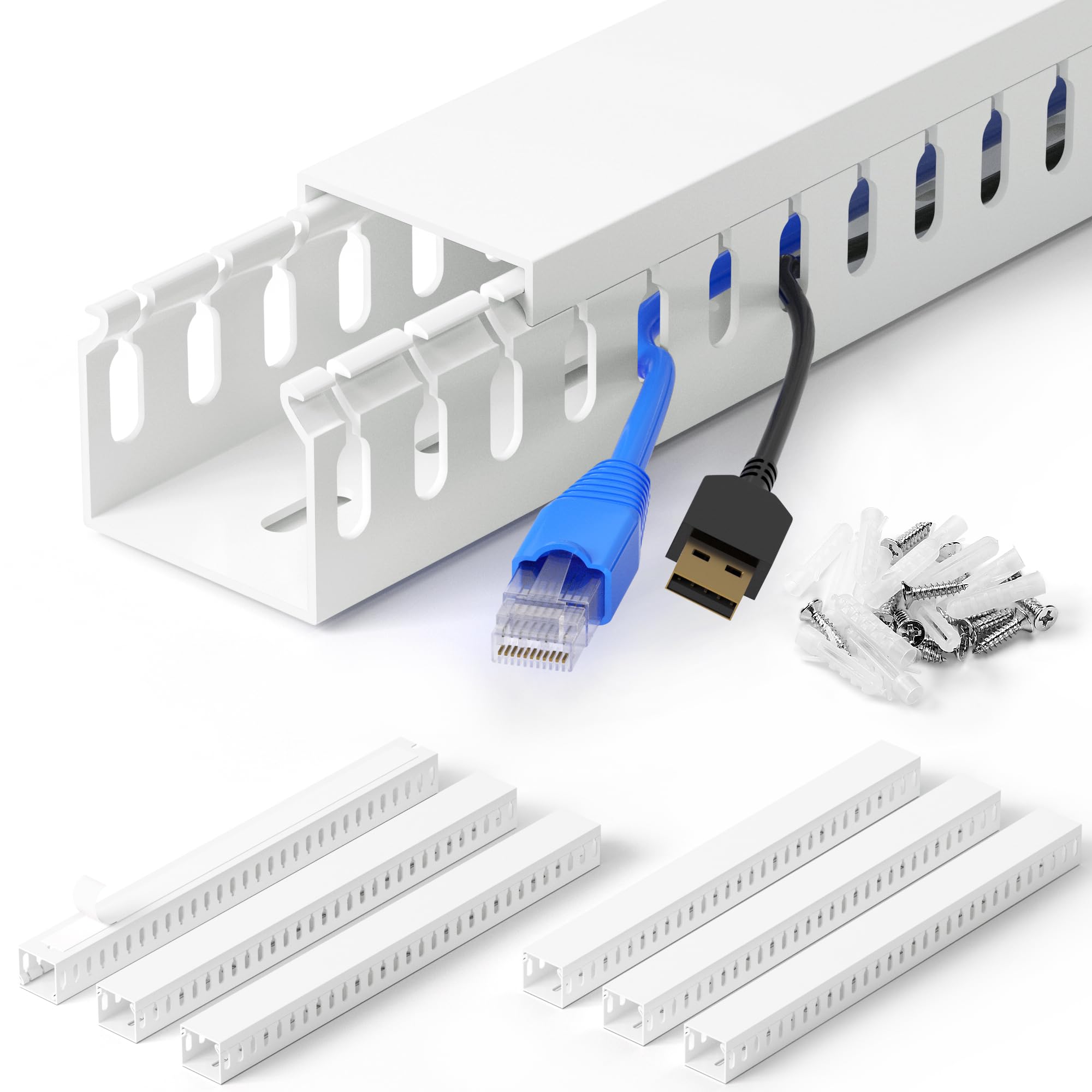 Photo 1 of 99in(6X L16.5in) Professional Server Rack Cable Management Raceway, H1.4in x W1.6in Cable Raceway Kit, Electrically Safe PVC Open Slot Wire Raceway for Under Desk/Computer/Network Cords, White