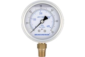 MEASUREMAN 2-1/2 Inch Water Pressure Gauge, 0-60 PSI, Silicone Oil Filled, All-Weather Antifreeze, Stainless Steel Case, 1/4 