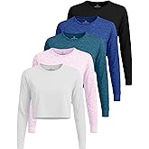 Real Essentials 5 Pack: Women's Dry-Fit Long Sleeve Crop Top - Running Workout Gym Athletic Crew Neck Shirt (Plus Available)