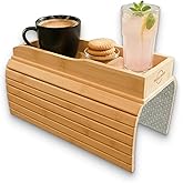 Bamboo Sofa Armrest Tray - Foldable Couch Arm Tray with Cup Holder - 2 in 1 Anti-Slip Sofa Armchair Caddy Table for Drinks, Phone, TV Remote, Snacks
