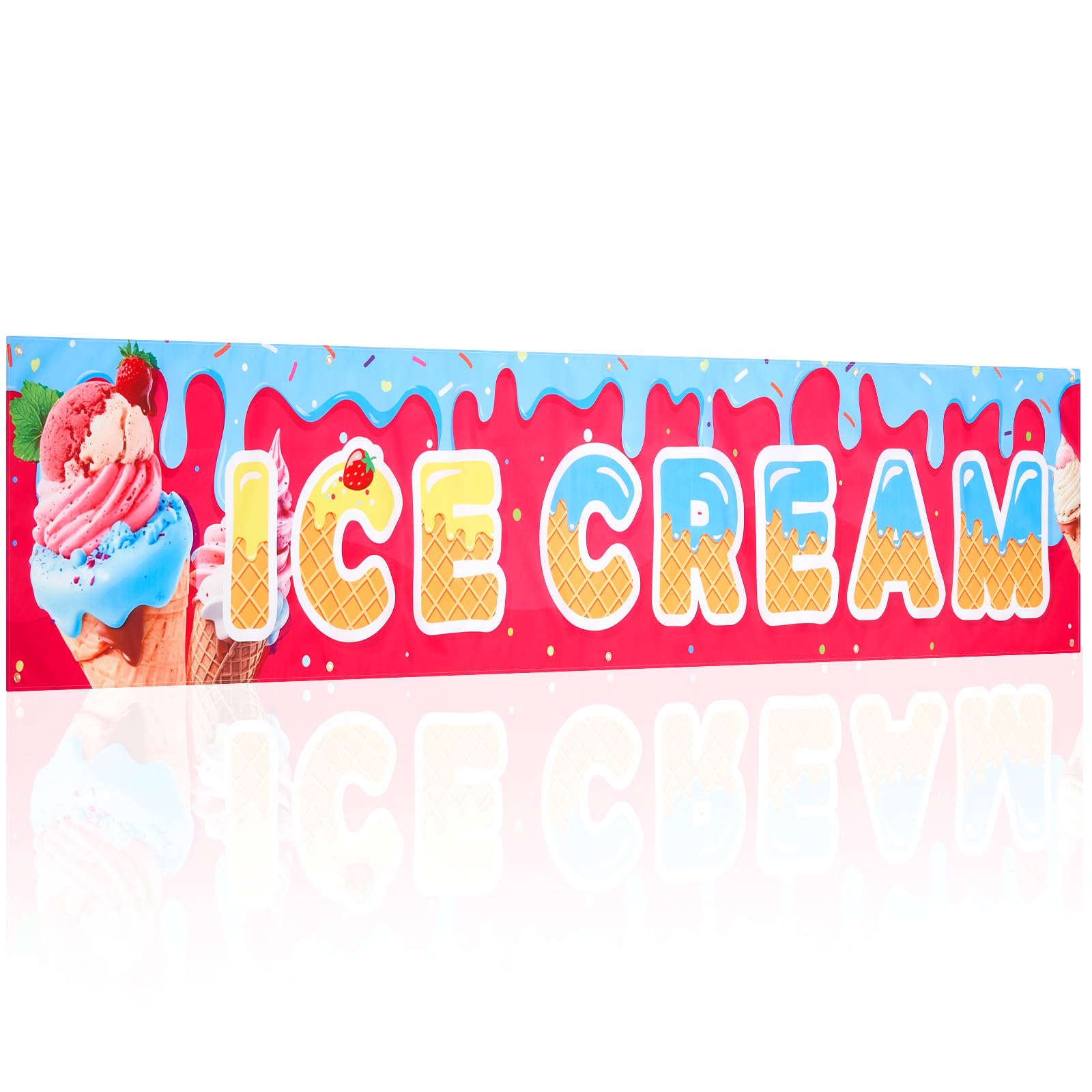 Photo 1 of Tegeme Ice Cream Banners Sign 2 x 10 Feet Ice Cream Flag Oxford Fabric Banners with 10 Holes for Business Store Outside