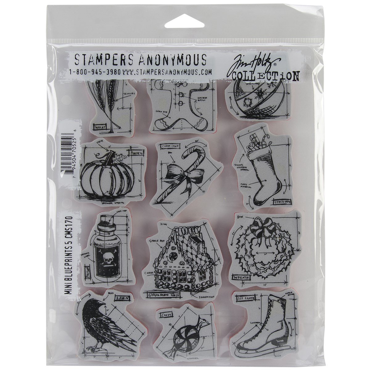Stampers Anonymous Tim Holtz Cling Rubber Stamp Set 7 x 8.5-inch, Mini Blueprints #5, Multi-Colour