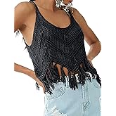 Women‘s Fringe Cami Western Cowgirl Tassel Tank Tops Sleeveless V-Neck Crochet Crop Top Boho Knitted Spaghetti Straps Vest