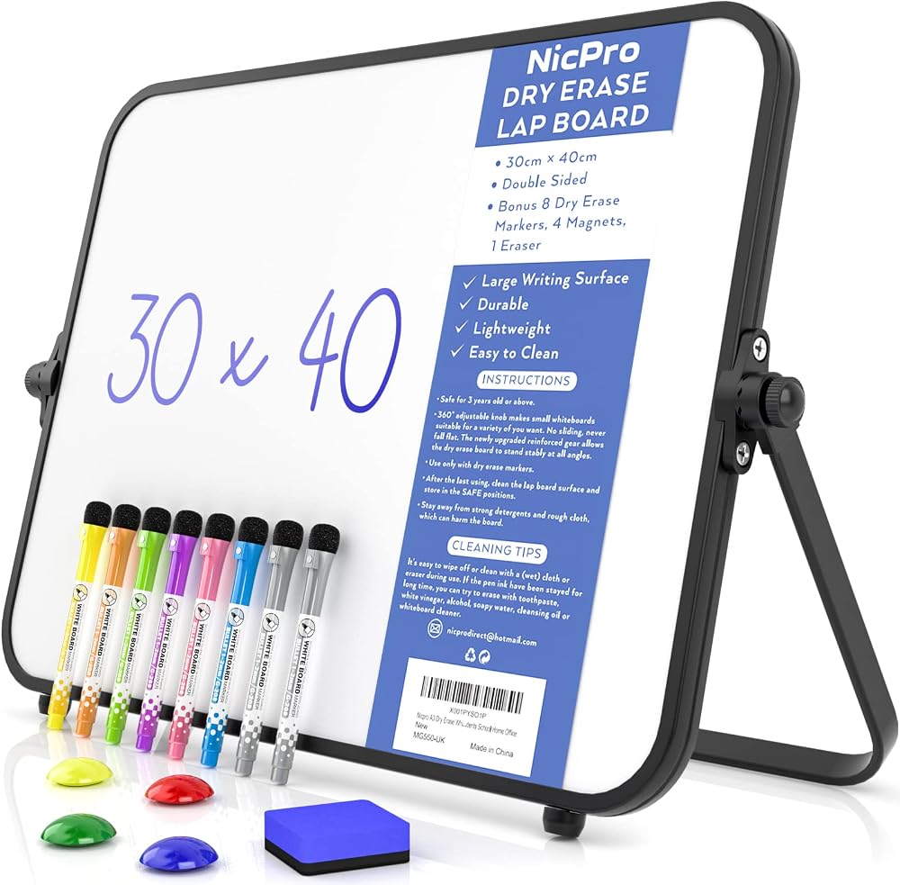 Nicpro Dry Erase Small Whiteboard A3 30x40cm Magnetic Dual Sided with Stand