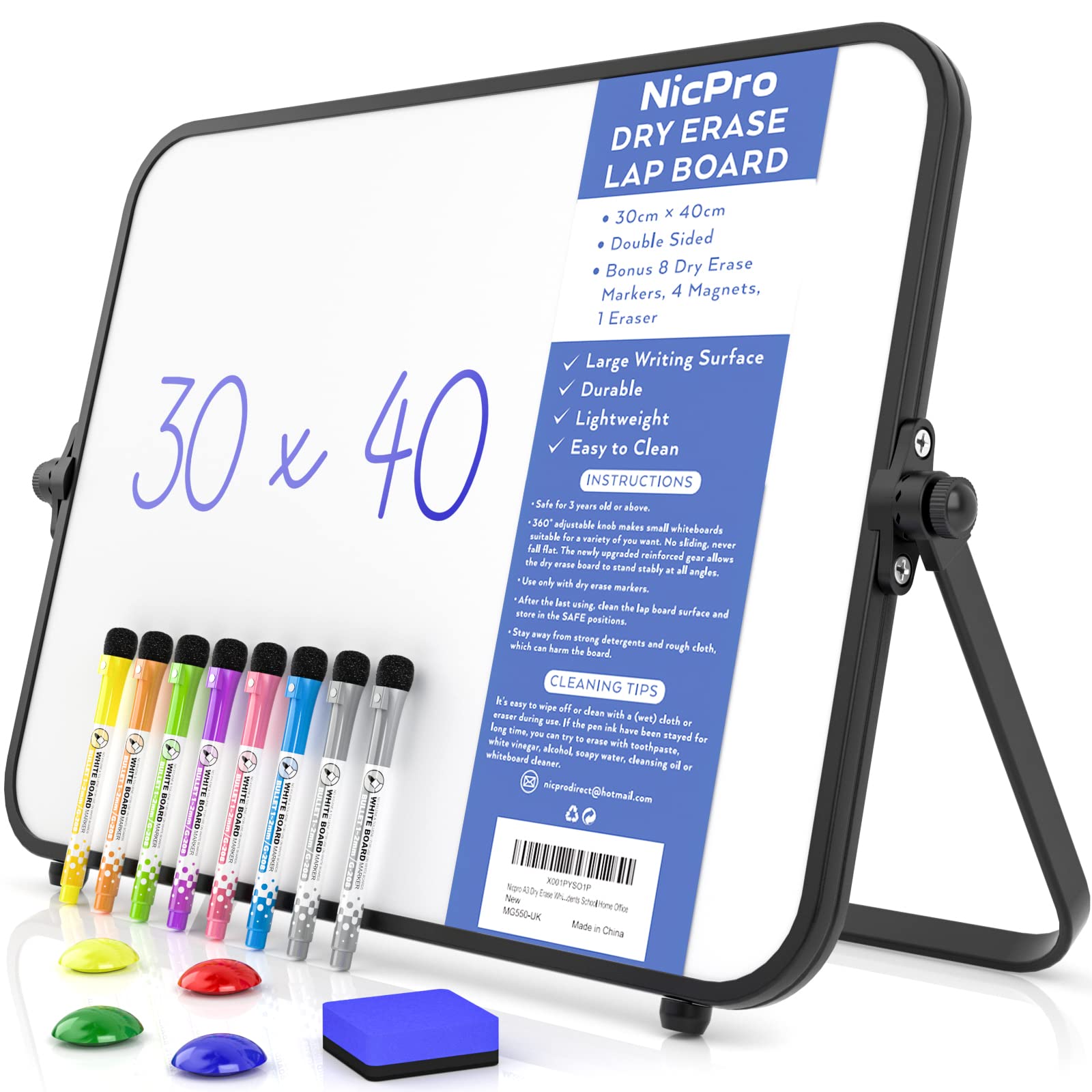Nicpro Dry Erase Small Whiteboard A3 with Non-Slip Stand, 30 x 40 cm Double Sided Magnetic Desktop White Board with 8 Pens, Eraser, Magnet, Portable Writing Easel for Kid Drawing Student Classroom Use