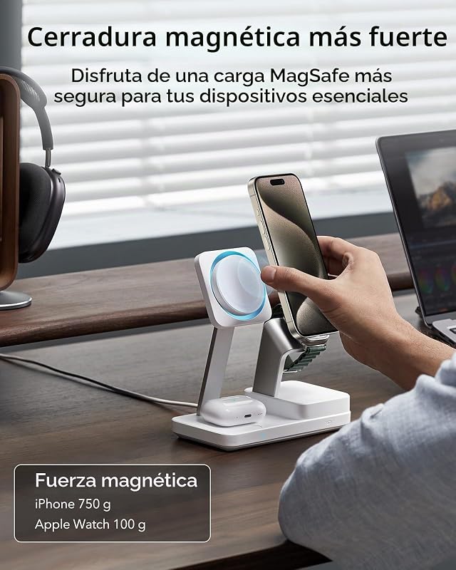 Estación de Carga GAN 6en1 100 W + CryoBoost, Compatible Soporte de Cargador MagSafe, Cargador Inalámbrico Magnético iPhone 15/14/13/1