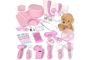 Phobby Doctor Kit for Toddlers 3 4 5 Years Old, Kids Veterinarian Playset with Dog Toy, Real Stethoscope & Medical Bag, Pretend Play Doctor Set for Girls Boys Birthday (Pink)