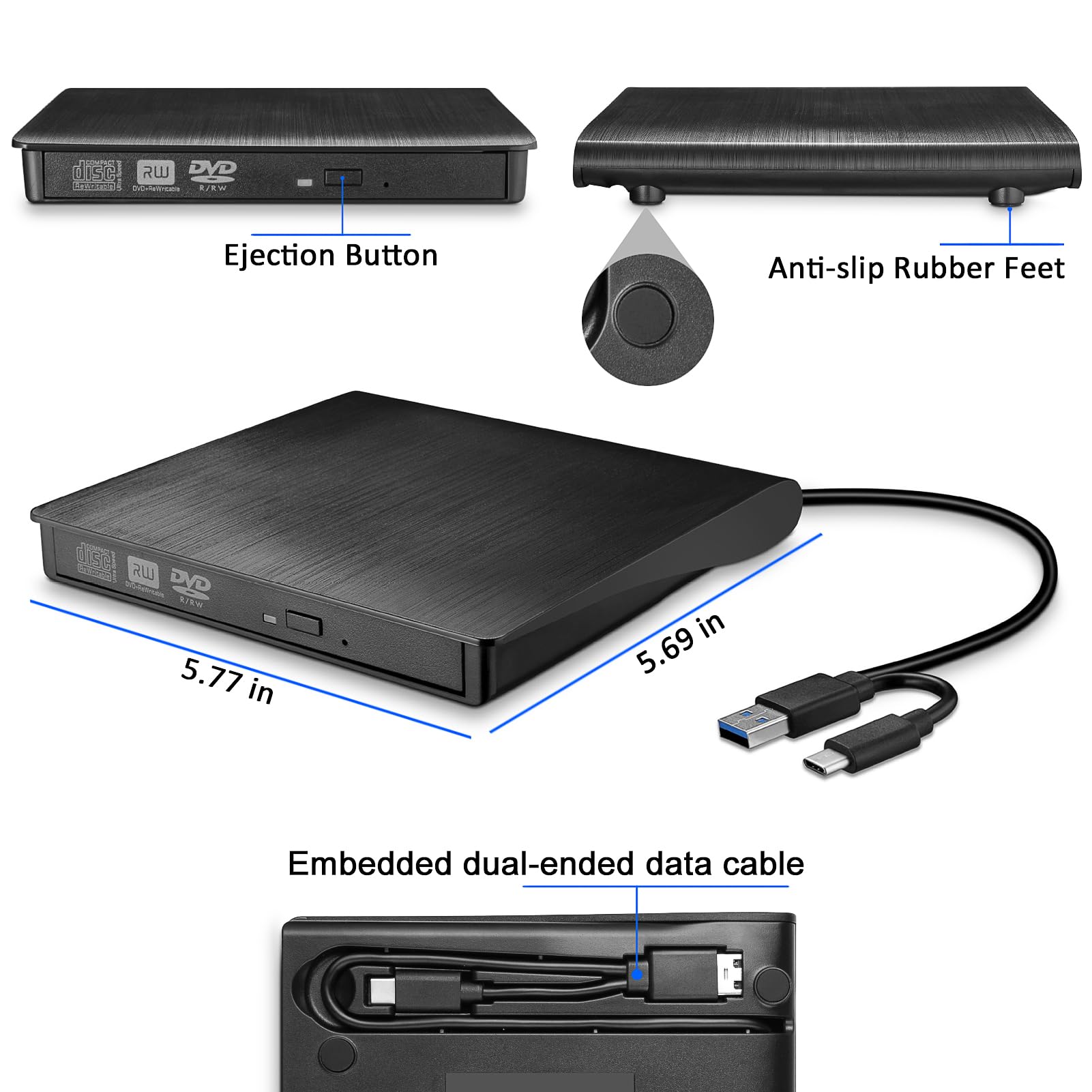 External DVD Drive, USB 3.0 & Type-C Portable Player, External CD/DVD Burner, CD DVD +/-RW Drive, Compatible with Laptop, MacBook, Windows, Linux PC