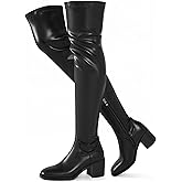 Voviggiw Black Thigh High Boots for Women Chunky Heel Over The Knee High Boots Comfortable Long Stretch Boots Side Zipper