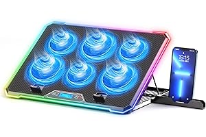 KYOLLY RGB Cooling Pad Gaming Laptop Cooler, Laptop Fan Cooling Stand with 6 Quiet for 15.6-17.3 inch laptops, 9 Height Stand, LED Lights & LCD Screen, 2 USB Ports, Lap Desk Use