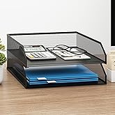 Natwind 2-Tier Stackable Metal Mesh Paper Organizer with Sliding Tray,Black | Desk Organizer for Office Supplies, Letter Tray For Desktop,File Holder For Home School Classroom Organization