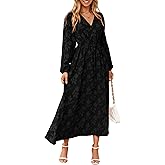 Simplee Womens Boho Floral Long Sleeve Maxi Dress V Neck Empire Waist Fall Wedding Guest Dresses with Pockets