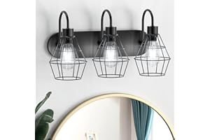 Elibbren Retro Style Industrial Bathroom Vanity Light 3 Lights, Vintage Matte Black Wall Sconce with Caged, E26 Base Farmhouse Bathroom Wall Light Fixture for Bathroom Vanity