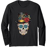 Sugar Skull Top Hat Rose Dia de Los Muertos Halloween Long Sleeve T-Shirt