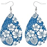 Zokola Hawaii Hibiscus Earrings, Tropical Hibiscus Floral Blue Camouflage Leather Earrings For Women Friends, Teardrop Double-Sided Dangle Lightweight Leaf Earrings