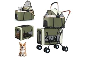 ENVTEK Double Pet Stroller for Dogs and Cats: Dog Stroller Foldable Travel Carriage with Detachable Carriers, Safety Belts, and 4 Lockable Wheels for Small to Medium Pets – Ideal for Multi-Pet Homes (Green)